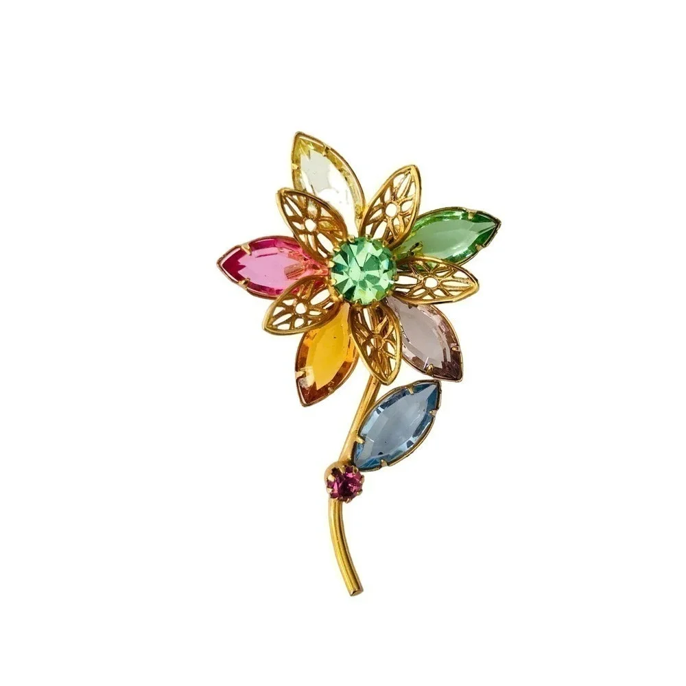Flower gold-tone brooch with multicolor rhinestones
